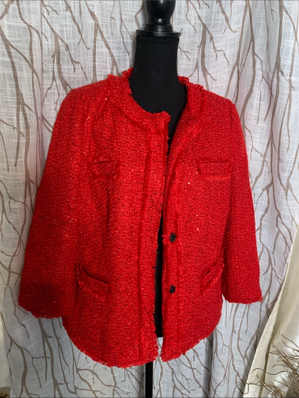 Classic Red tweed sequin Bouclé Jacket - Women's Elegant Coat